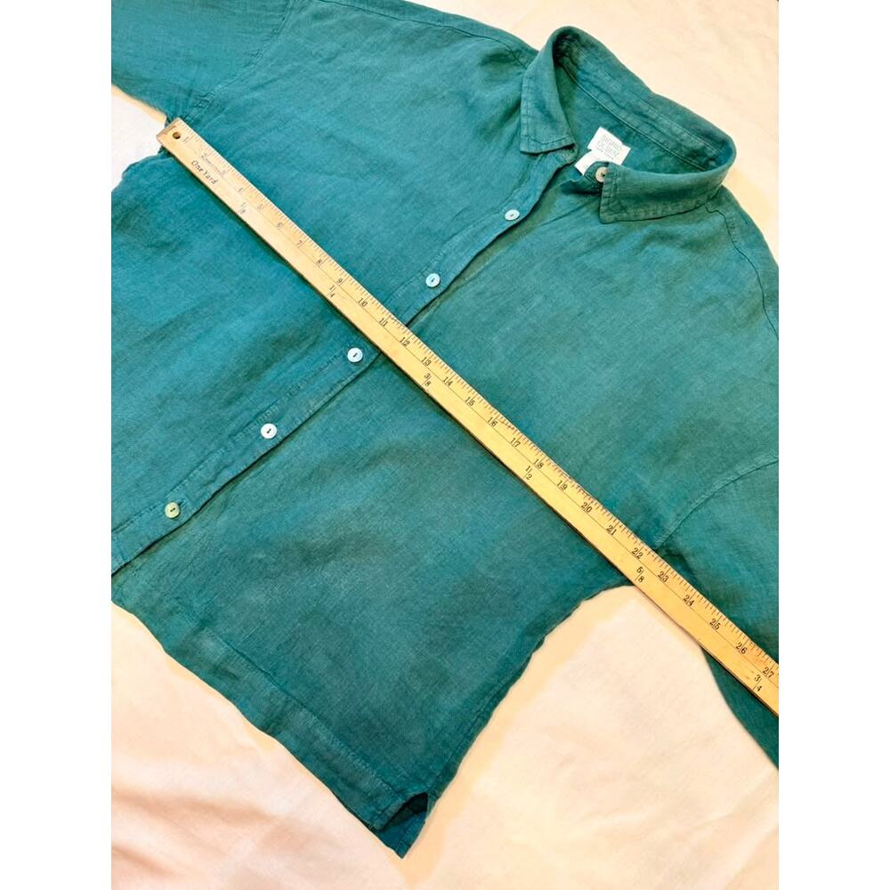 Sigrid Olsen 100% Linen Boxy Crop Shirt Green 3/4 Sleeve Large Coastal - Picture 3 of 6